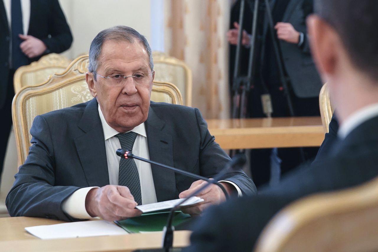 Russian Foreign Minister Sergey Lavrov meets with his Serbian counterpart Marko Djuric in Moscow, Russia, on Monday.