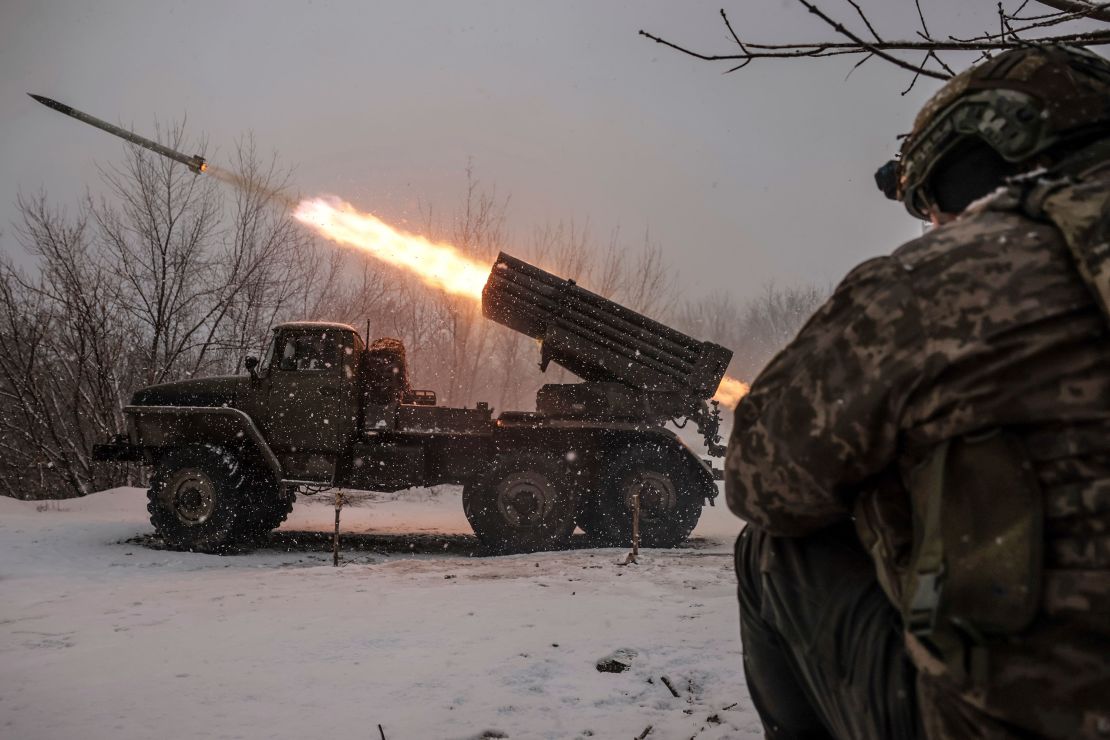 Ukrainian servicemen fire toward Russian army positions near Chasiv Yar, in Ukraine's Donetsk region, on February 15.