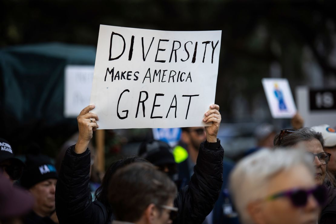 A protester holds up a sign during a demonstration outside City Hall in Houston, Texas, on February 17, 2025.