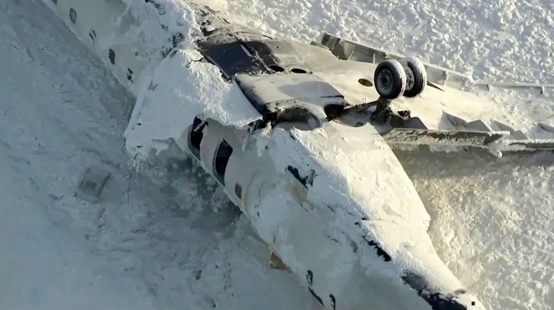 This image taken from video provided by CTV shows an aerial view of the overturned plane. (CTV via AP)