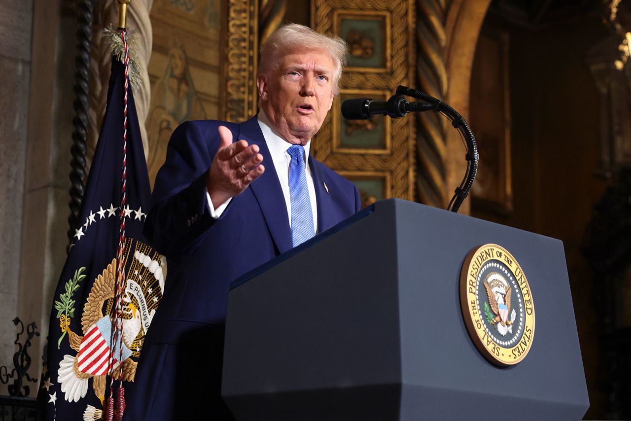 President Donald Trump speaks to the media at Mar-a-Lago on Tuesday, in Palm Beach, Florida.