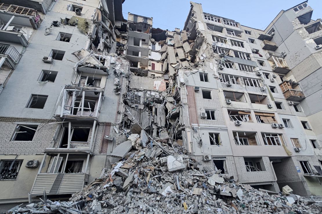 A photograph provided by the Kherson Regional Military Administration shows a building damaged by a Russian strike in Kherson, Ukraine.