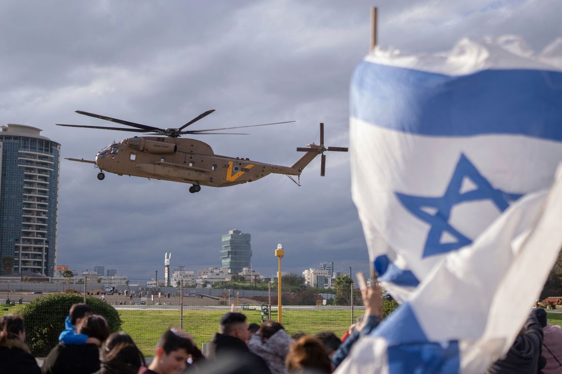 An Israeli military helicopter transporting Omer Shem Tov lands at Beilinson Schneider medical complex in Petah Tikva, Israel, on February 22, following Shem Tov's and fellow hostage Eliya Cohen's release from Hamas captivity.