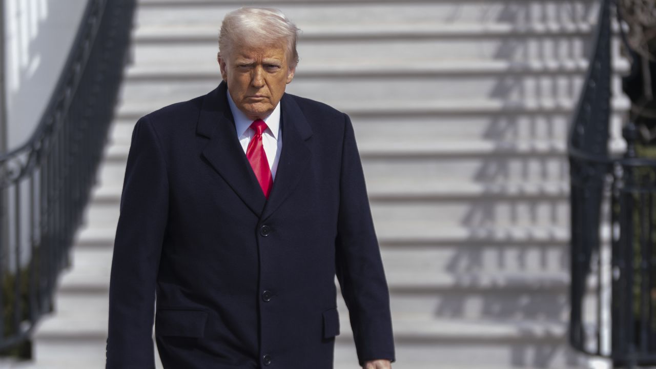 President Donald Trump walks to speak to reporters before leaving the White House to attend the Conservative Political Action Conference, CPAC, Saturday, Feb. 22, 2025.