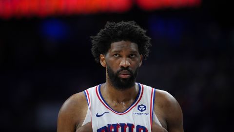 Philadelphia 76ers' Joel Embiid plays during an NBA basketball game in Philadelphia, on February 22, 2025.