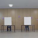 23 February 2025, Saxony-Anhalt, Wernigerode: Eligible voters sit in the polling booths at a polling station at midday. The early election to the 21st German Bundestag takes place on Sunday. Photo by: Matthias Bein/picture-alliance/dpa/AP Images