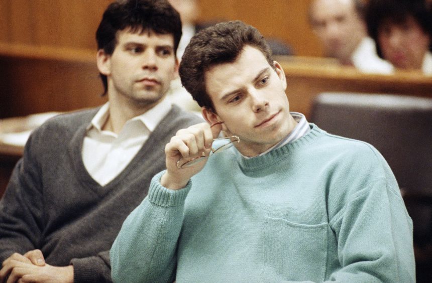 Lyle, left, and Erik Menendez appear in court for a preliminary hearing held in Beverly Hills, California, April 12, 1991.