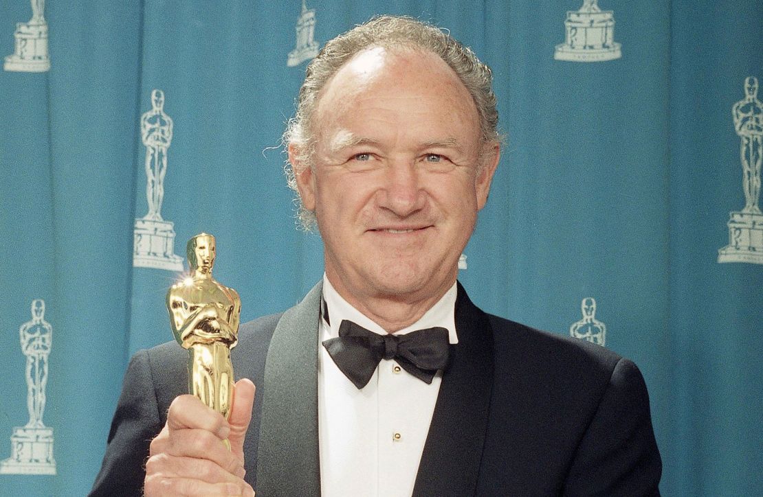 Gene Hackman holds his Best Supporting Actor Oscar, awarded for his portrayal of Little Bill Daggett in "Unforgiven," at the 1993 Academy Awards.