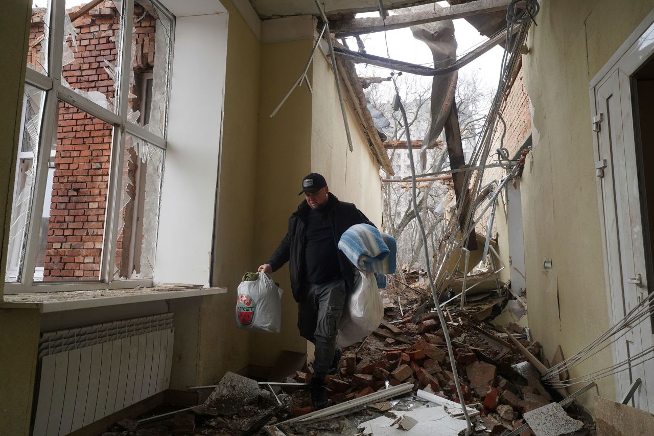 A man walks inside a hospital damaged by a Russian strike, in Kharkiv, Ukraine, on Saturday.