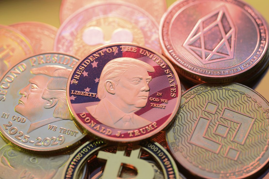 Representation of the $Trump meme coin together with Bitcoin and crypto coins, seen in this photo illustration.