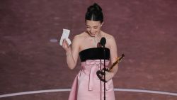 Mikey Madison accepts the award for best performance by an actress in a leading role for "Anora" during the Oscars on Sunday, March 2, 2025, at the Dolby Theatre in Los Angeles. (AP Photo/Chris Pizzello)