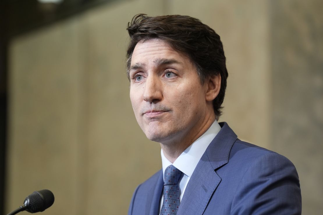 Prime Minister Justin Trudeau holds a news conference on US tariffs in Ottawa on Tuesday.