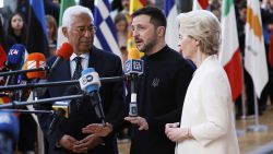 From left, European Council President Antonio Costa, Ukraine's President Volodymyr Zelenskyy and European Commission President Ursula von der Leyen speak with the media as they arrive for an EU Summit at the European Council building in Brussels, Thursday, March 6, 2025. (AP Photo/Omar Havana)