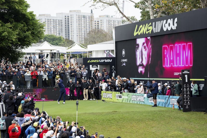 Legion XIII player Jon Rahm hits a shot from the first tee during the first round of the LIV Golf event in Hong Kong on March 7.