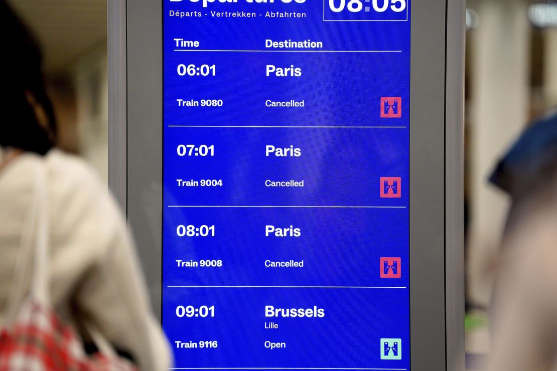 A view of a departures screen at St Pancras International station in London on Friday.