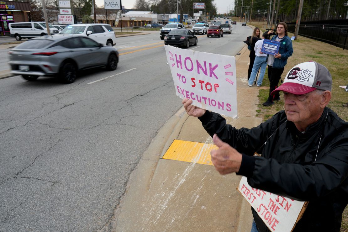 Protests outside the scheduled execution of South Carolina inmate Brad Sigmon on March 7 in Columbia, South Carolina.