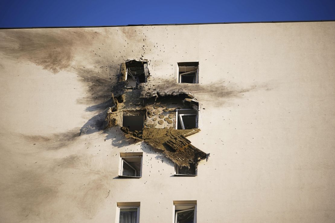 An apartment building where a downed Ukrainian drone fell at an area in Sapronovo village outside Moscow, on March 11, 2025.