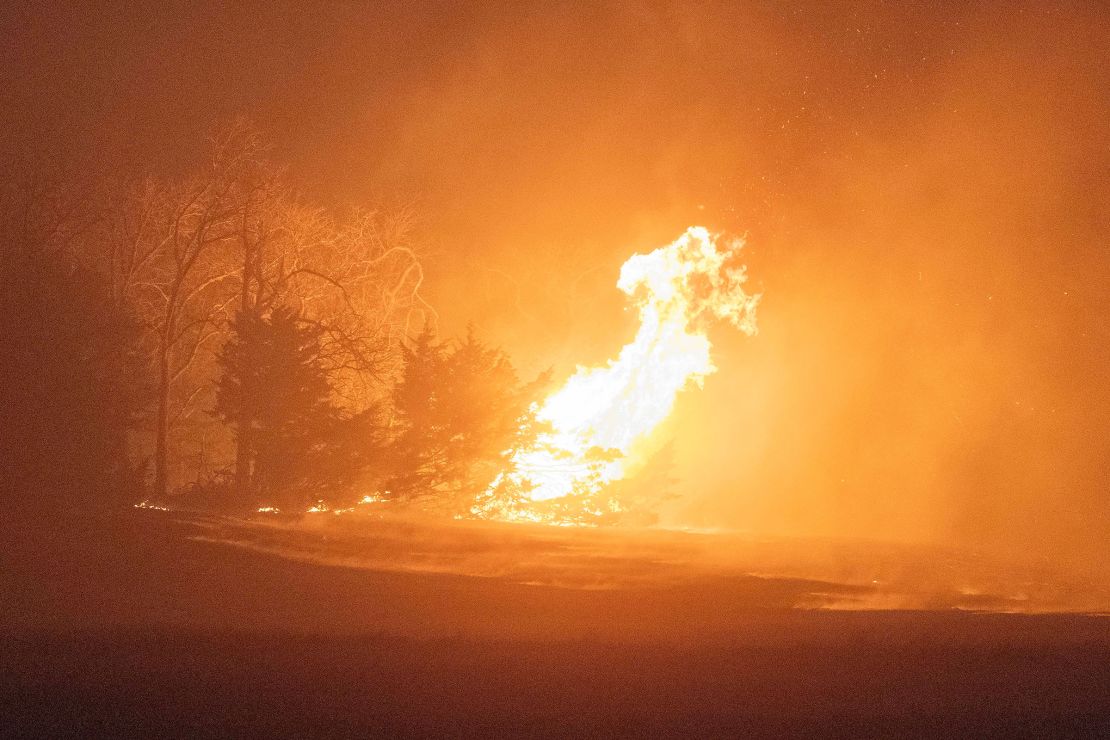 A wildfire burns south of Langston, Oklahoma, on Friday, March 14, 2025.