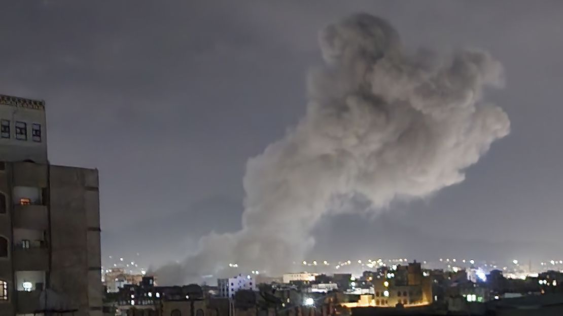 Smoke rises from a location reportedly struck by US  airstrikes in Sanaa, Yemen, Saturday, March 15, 2025.