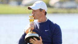 Rory McIlroy, of Northern Ireland, reacts during a trophy ceremony after winning a playoff round of The Players Championship golf tournament Monday, March 17, 2025, in Ponte Vedra Beach, Fla. (AP Photo/Julia Demaree Nikhinson)