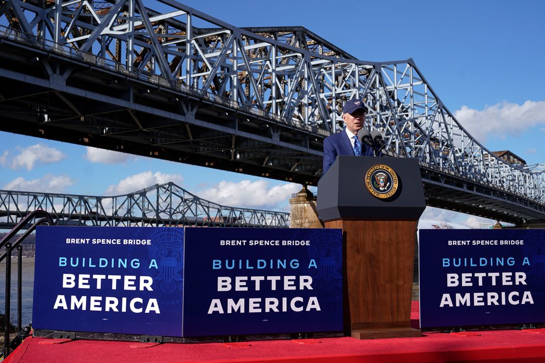 President Joe Biden speaks about his infrastructure agenda under the Clay Wade Bailey Bridge on January 4, 2023, in Covington, Kentucky.