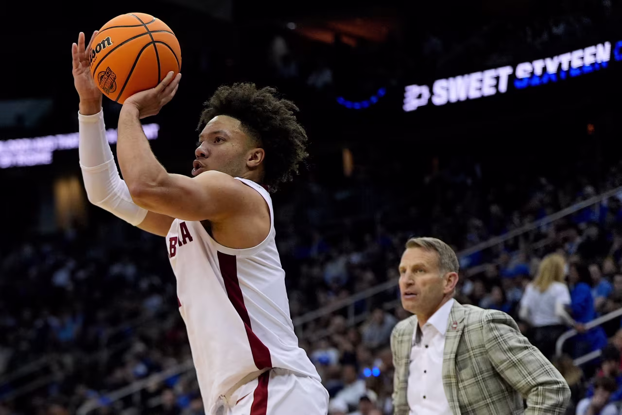 Alabama guard Mark Sears puts up a shot against BYU.