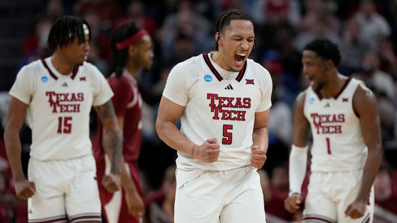 Texas Tech forward Darrion Williams (5) reacts after taking the lead during overtime in the Sweet 16 of the NCAA college basketball tournament game against Arkansas, Thursday, March 27, 2025, in San Francisco. (AP Photo/Godofredo A. Vásquez)