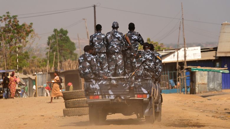 South Sudan soldiers patrol the street in Juba, South Sudan, on February 13, 2025.