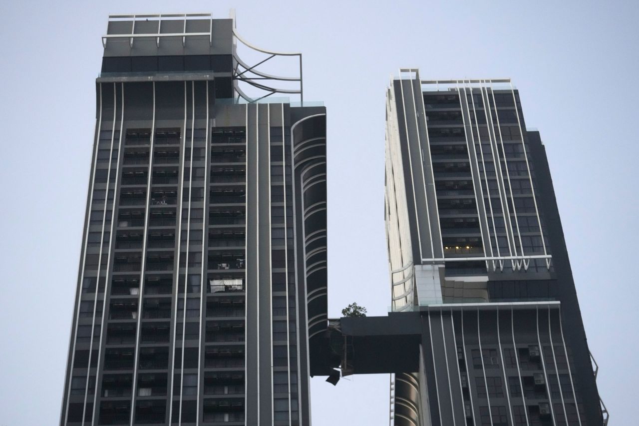 A bridge that connects two high-rises in Bangkok is seen damaged after the earthquake on Friday.