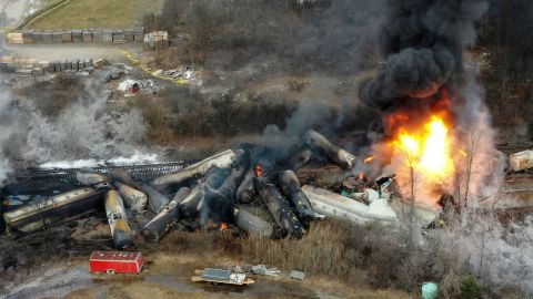 Portions of a Norfolk Southern freight train that derailed the night before burn in East Palestine, Ohio, on February 4, 2023.