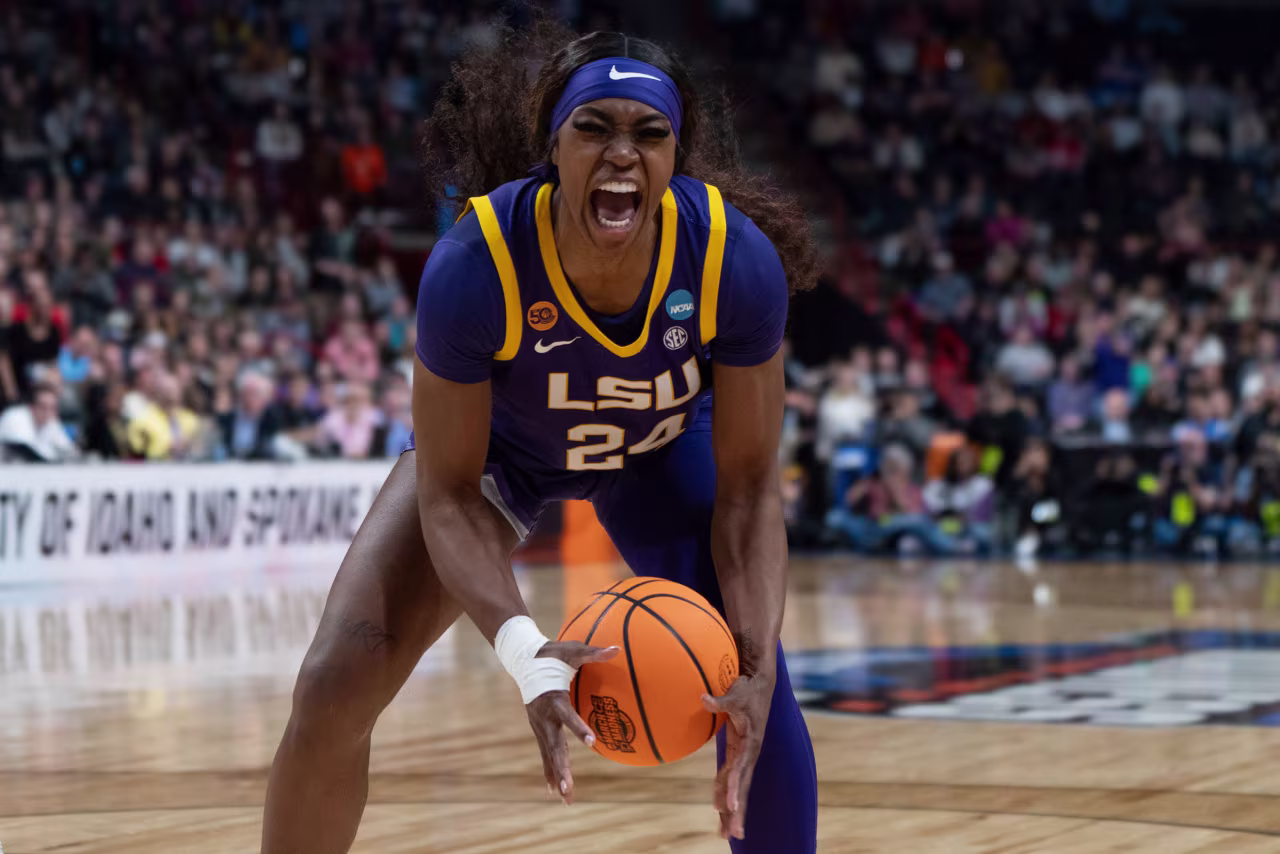 LSU forward Aneesah Morrow reacts after getting a rebound against North Carolina State.