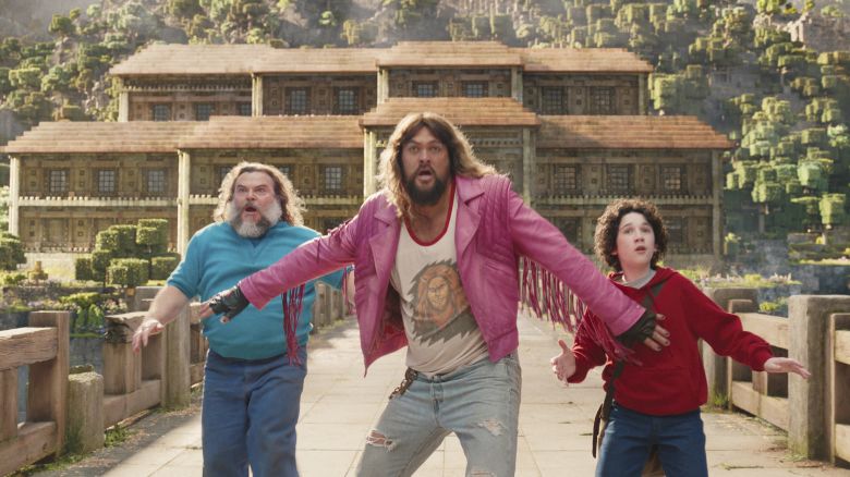 Jack Black, Jason Momoa and Sebastian Hansen in a scene from "A Minecraft Movie."