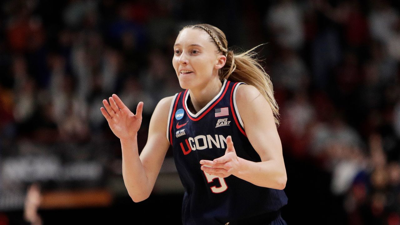 UConn guard Paige Bueckers celebrates after scoring during the first half against Southern California in Spokane, Washington.