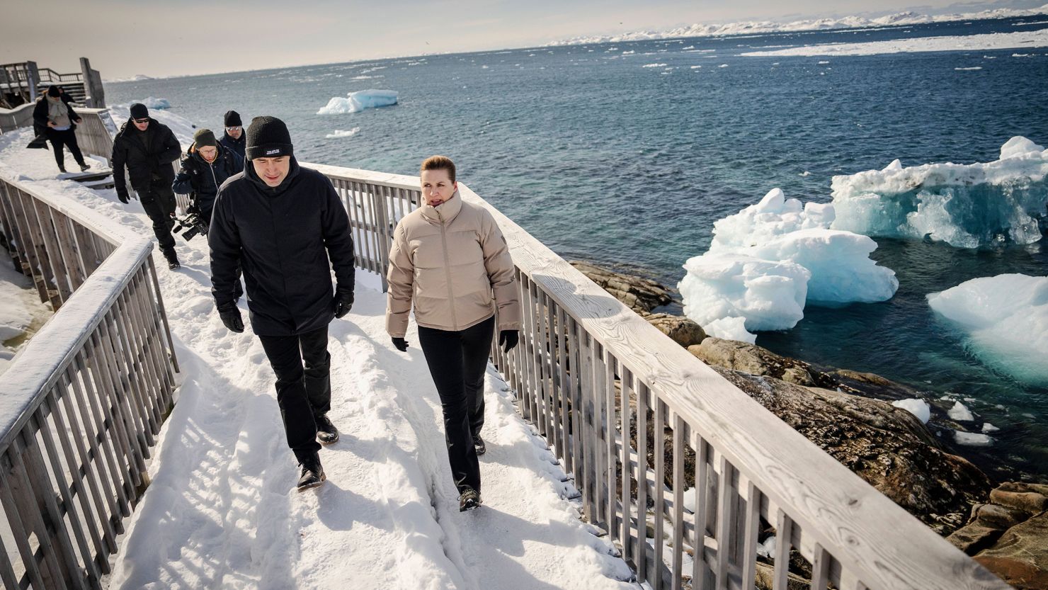 Denmark's Prime Minister Mette Frederiksen, right, walks with Greenland's acting Prime Minister, Múte B. Egede, during a three-day visit to Nuuk, Greenland.