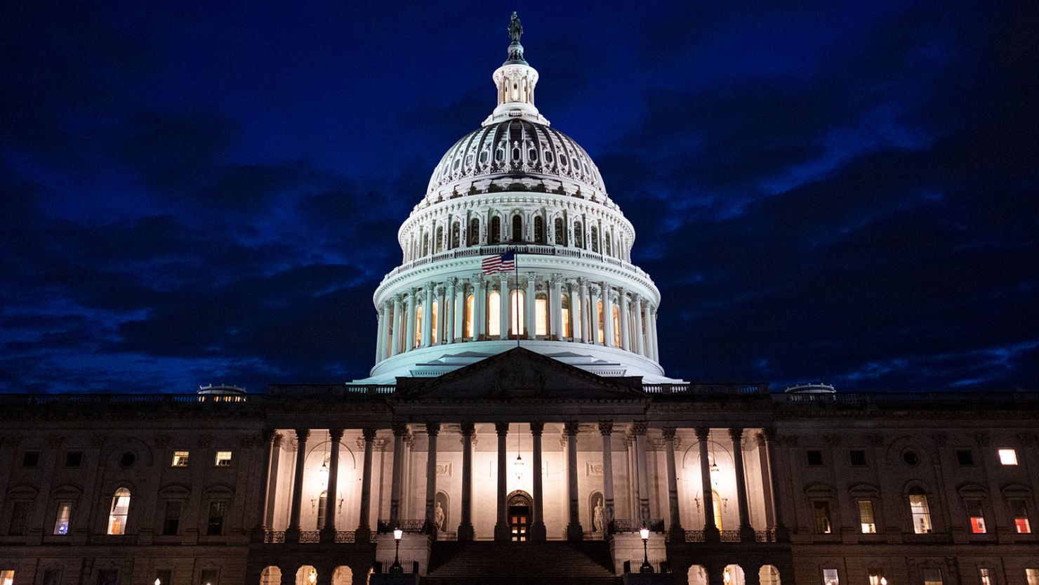 UNITED STATES - APRIL 4: The U.S. Capitol dome is lit as the Senate prepares to begin its vote-a-rama on the GOP's budget resolution on Friday evening, April 4, 2025. (Bill Clark/CQ Roll Call via AP Images)