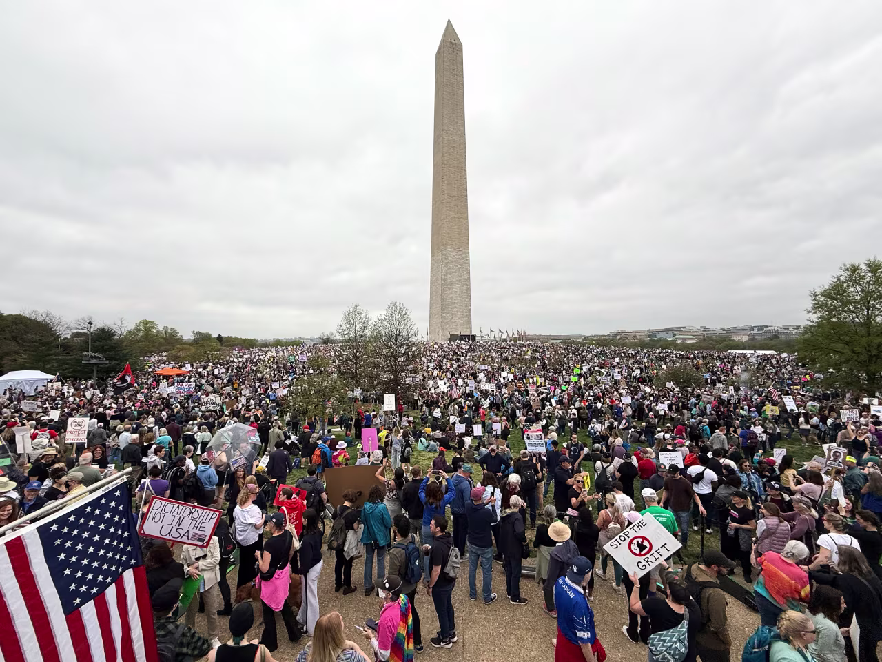 Demonstrators gather for an anti-Trump protest near the Washington Monument on Saturday in Washington, DC.