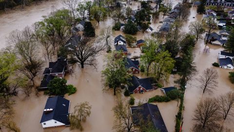 Floodwater inundates an entire neighborhood in Frankfort, Kentucky, on April 6, 2025.