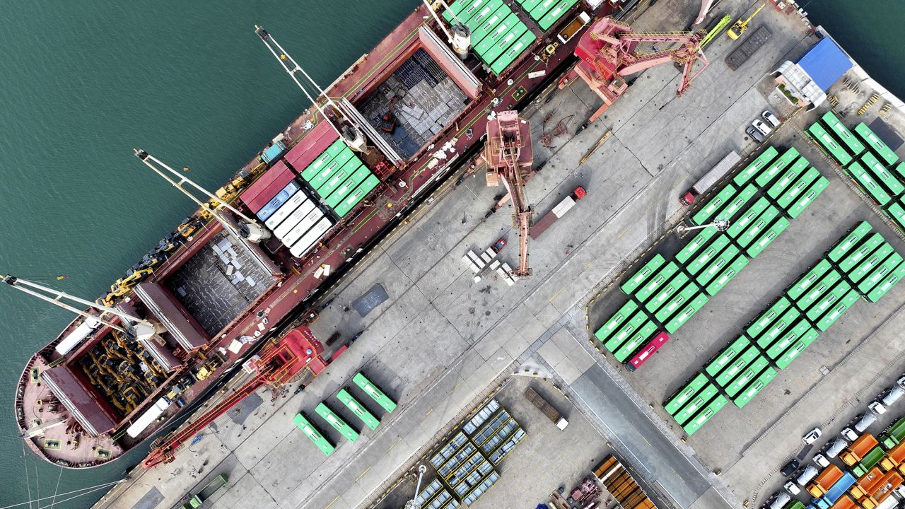 Aerial view of vehicles waiting to be loaded onto a ro-ro ship for export at Lianyungang Port on April 7, 2025 in Lianyungang, Jiangsu Province of China.