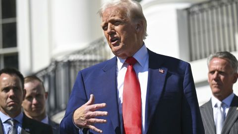 President Donald Trump speaks during an event with auto racing champions at the White House on April 9, 2025.