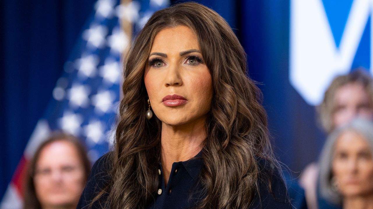 Homeland Security Secretary Kristi Noem speaks during a news conference at the Immigration and Customs Enforcement headquarters on April 9, 2025, in Washington.