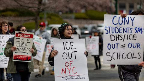 NEW YORK, NEW YORK - APRIL 12: Students and faculty from the City University of New York (CUNY) hold a rally supporting international students who have had their visas revoked by the Trump administration in lower Mahattan on April 11, 2025.  At the directive of Trump's policies, authorities have revoked the visas of international students in at least 29 states — many being taken off the street by plainclothes officers and finding themselves subject to accusations reserved for terrorists. (Photo by Michael Nigro/Sipa USA)(Sipa via AP Images)