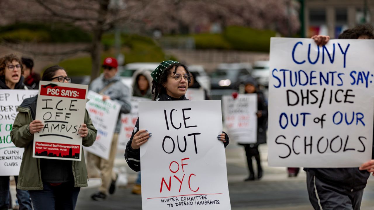 NEW YORK, NEW YORK - APRIL 12: Students and faculty from the City University of New York (CUNY) hold a rally supporting international students who have had their visas revoked by the Trump administration in lower Mahattan on April 11, 2025.  At the directive of Trump's policies, authorities have revoked the visas of international students in at least 29 states — many being taken off the street by plainclothes officers and finding themselves subject to accusations reserved for terrorists. (Photo by Michael Nigro/Sipa USA)(Sipa via AP Images)