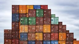 Shipping containers are seen stacked in the container yard at the Port of Baltimore in Maryland on April 12.