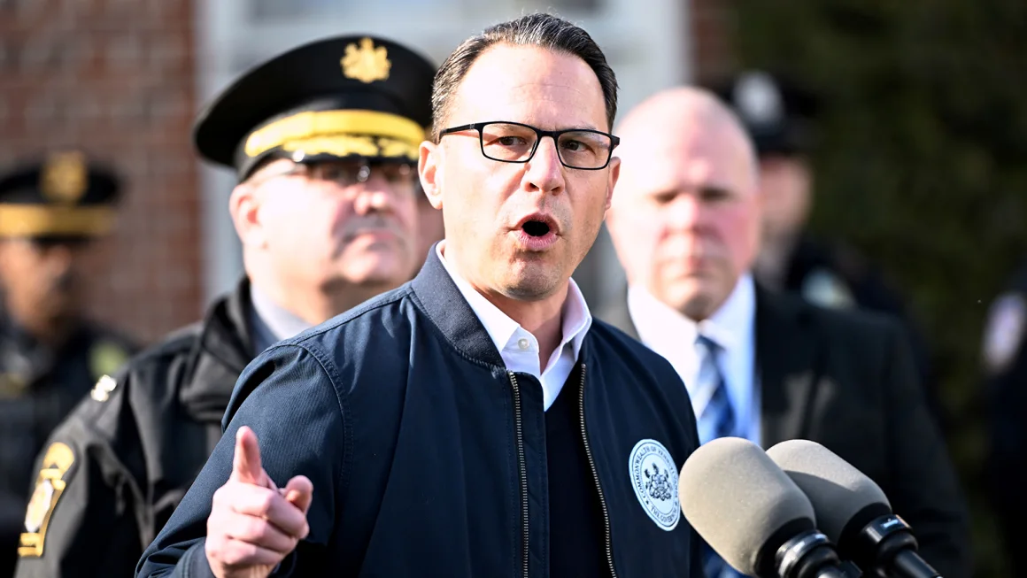 Gov. Josh Shapiro speaks on Sunday during a news conference at the governor's official residence in Harrisburg, Pennsylvania. Marc Levy/AP