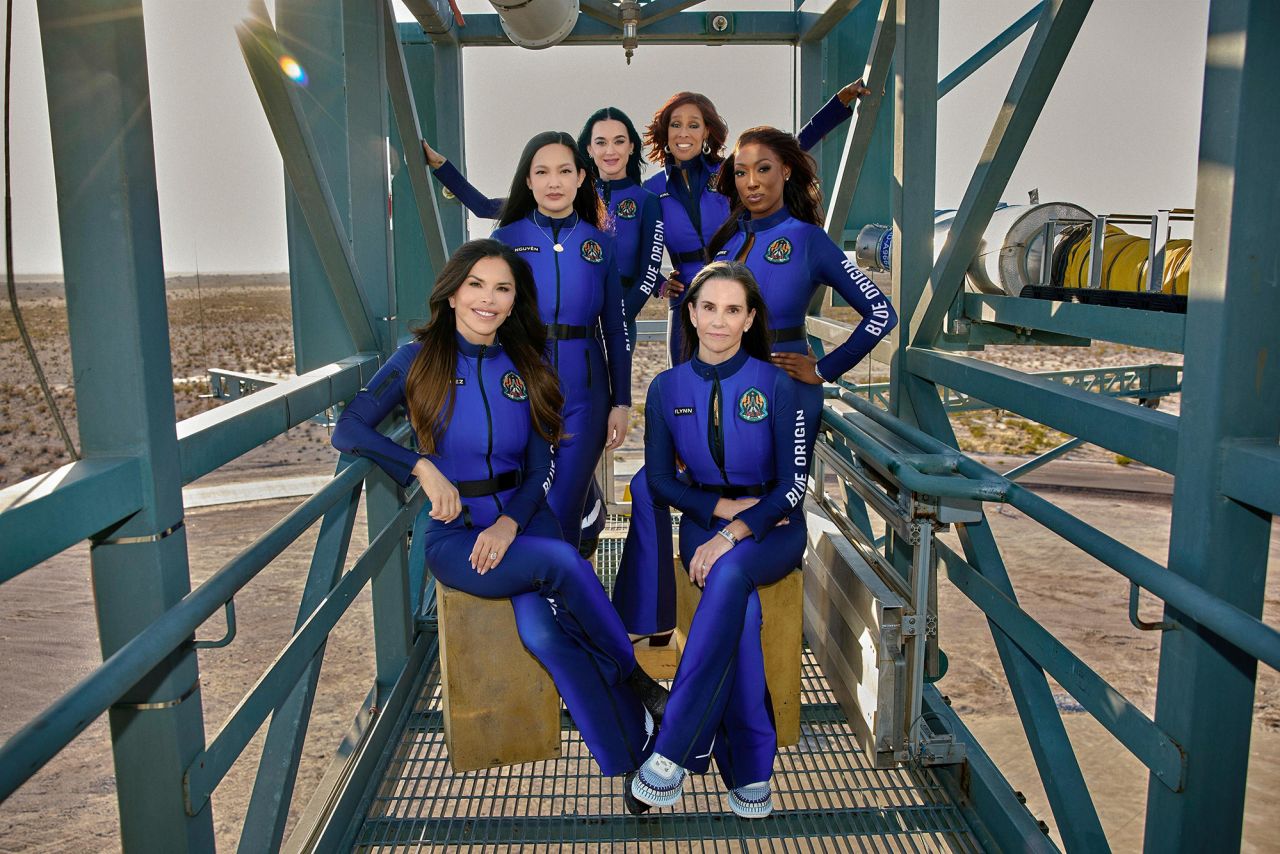 This undated handout photo shows, clockwise from left: Lauren Sanchez, Amanda Nguyen, Katy Perry, Gayle King, Aisha Bowe and Kerianne Flynn in West Texas.