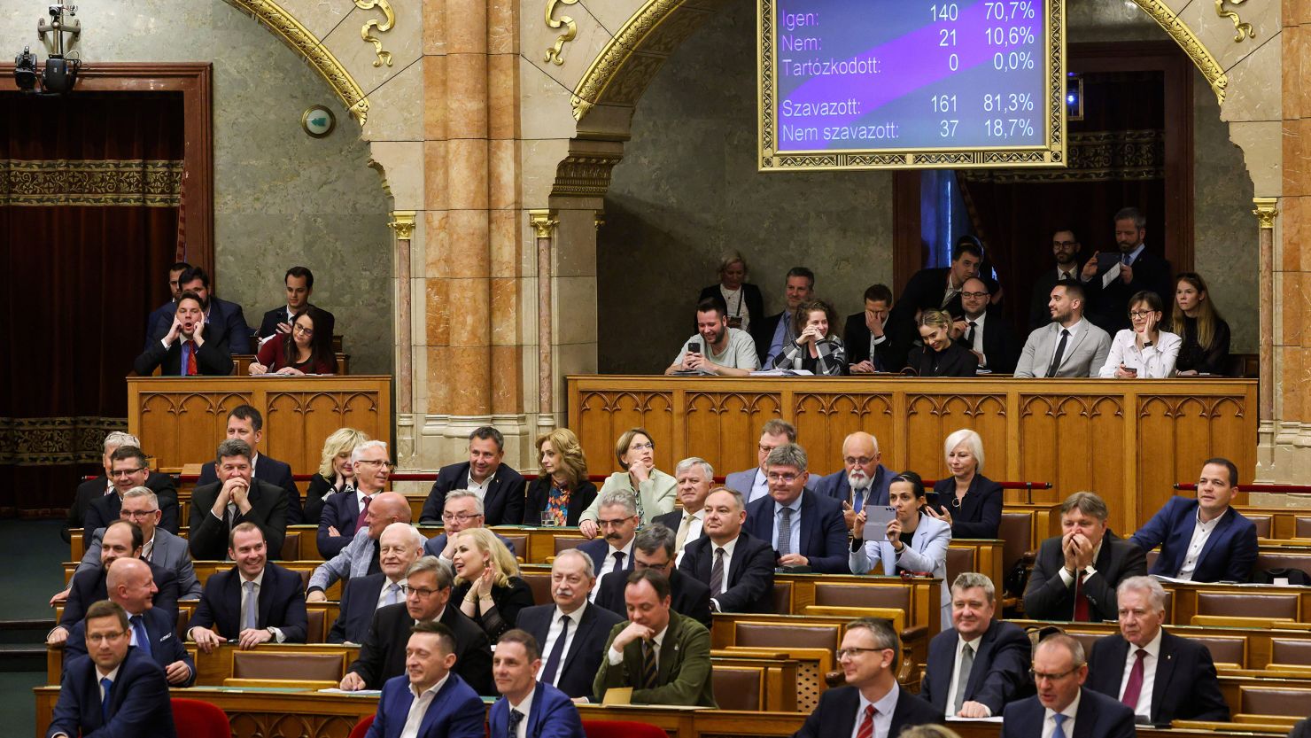 Hungary’s parliament has passed an amendment to the constitution that allows the government to ban public events by LGBTQ+ communities, in Budapest, Hungary, Monday, April 14, 2025.
