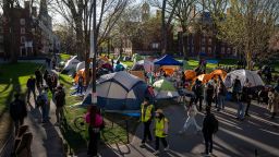 Students protesting against the war in Gaza, and passersby walking through Harvard Yard, are seen at an encampment at Harvard University in Cambridge, Mass., on April 25, 2024.