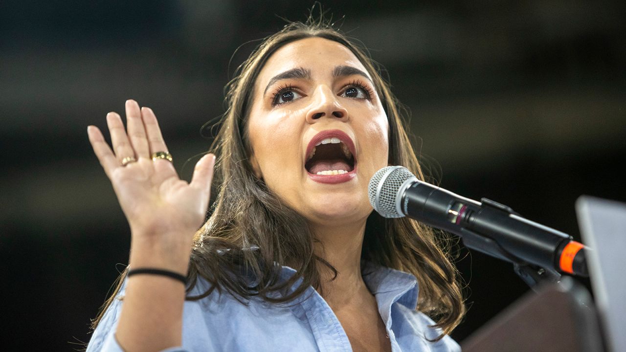 Rep. Alexandra Ocasio-Cortez, D-N.Y., speaks during a "Fighting Oligarchy" event at the Ford Idaho Center in Nampa, Idaho, on Monday, April 14, 2025.
