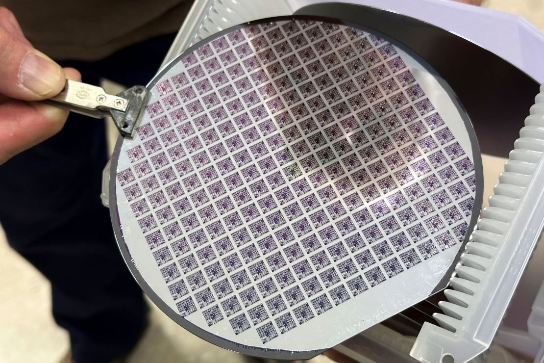A semiconductor silicon wafer fabricated with several microchip microprocessors, seen at the Rochester Institute of Technology in Henrietta, New York, on April 14, 2025.