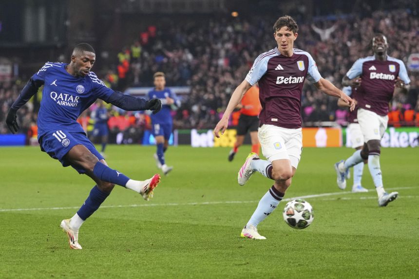 PSG's Ousmane Dembélé shoots against Aston Villa during a Champions League quarterfinal match in April.